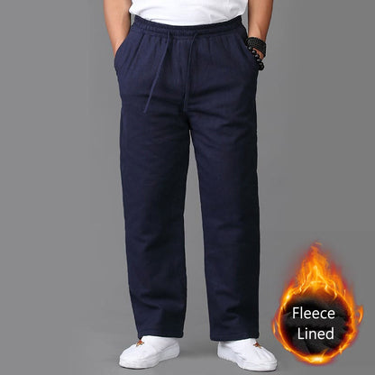 Mythstone Winter Men's Fleece Lined Drawstring Linen Pants With Pockets