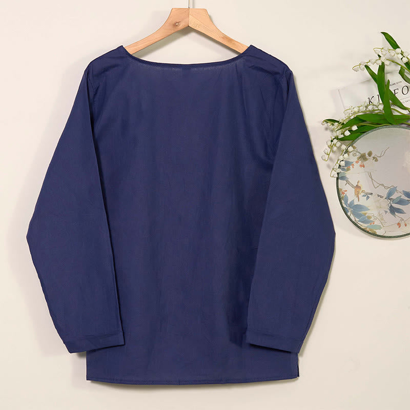 Mythstone Casual FLowers Long Sleeve Round Neck Shirt Cotton Linen Women's Shirts