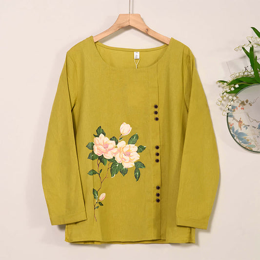 Mythstone Casual FLowers Long Sleeve Round Neck Shirt Cotton Linen Women's Shirts