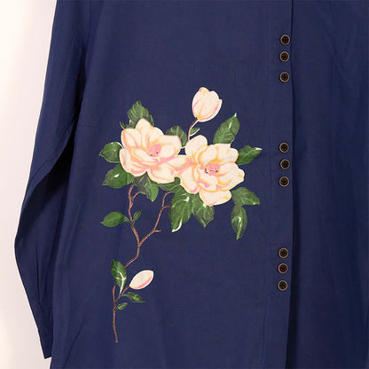 Mythstone Casual FLowers Long Sleeve Round Neck Shirt Cotton Linen Women's Shirts