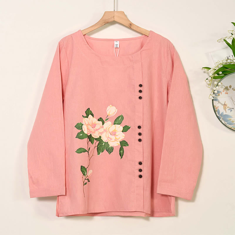 Mythstone Casual FLowers Long Sleeve Round Neck Shirt Cotton Linen Women's Shirts