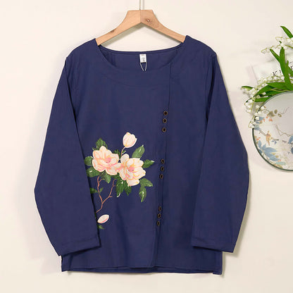 Mythstone Casual FLowers Long Sleeve Round Neck Shirt Cotton Linen Women's Shirts