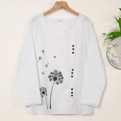 Mythstone Casual Dandelion Long Sleeve Round Neck Shirt Cotton Linen Women's Shirts