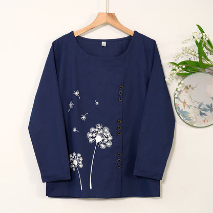 Mythstone Casual Dandelion Long Sleeve Round Neck Shirt Cotton Linen Women's Shirts