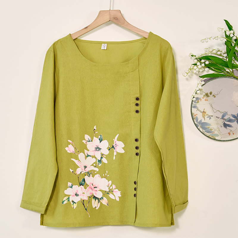 Mythstone Casual Floral Long Sleeve Round Neck Shirt Cotton Linen Women's Shirts