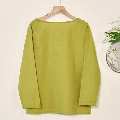 Mythstone Casual Floral Long Sleeve Round Neck Shirt Cotton Linen Women's Shirts