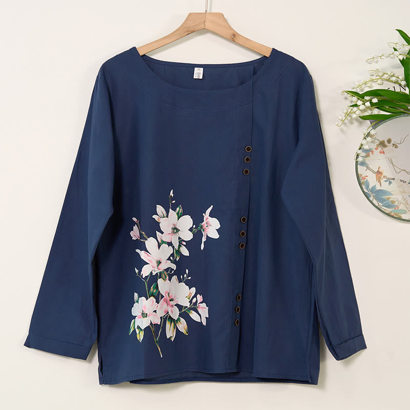 Mythstone Casual Floral Long Sleeve Round Neck Shirt Cotton Linen Women's Shirts