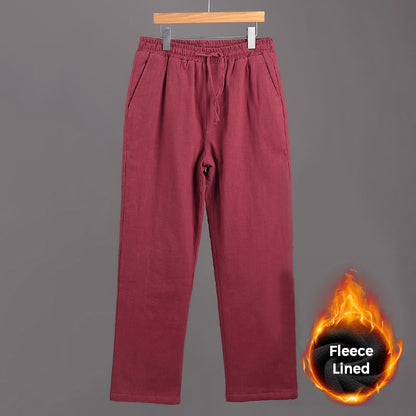 Mythstone Winter Men's Fleece Lined Drawstring Linen Pants With Pockets