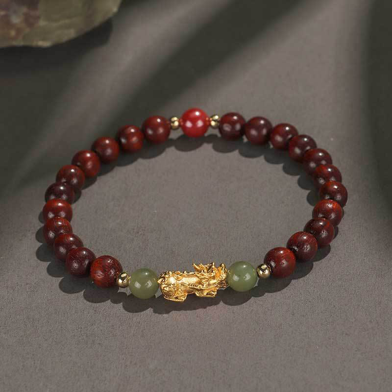 Mythstone 999 Sterling Silver Sandalwood Ebony Wood Small Leaf Red Sandalwood Hetian Jade Cinnabar PiXiu Wealth Bracelet