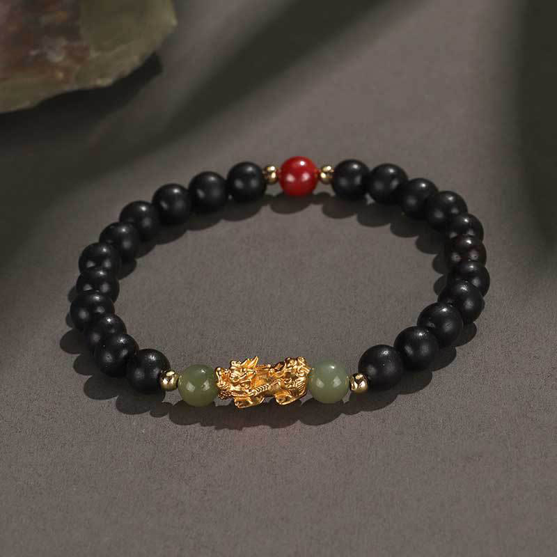 Mythstone 999 Sterling Silver Sandalwood Ebony Wood Small Leaf Red Sandalwood Hetian Jade Cinnabar PiXiu Wealth Bracelet