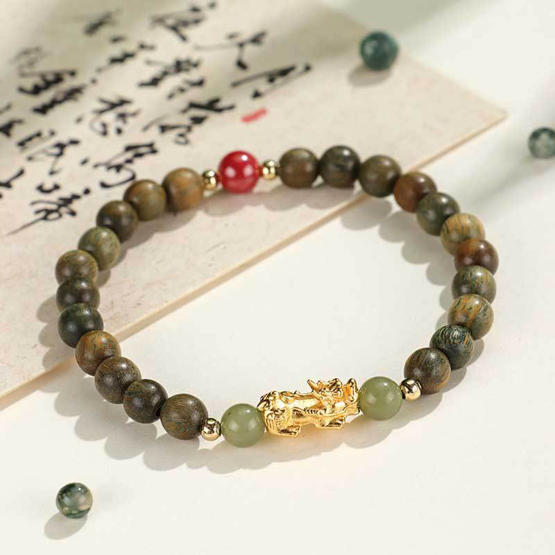 Mythstone 999 Sterling Silver Sandalwood Ebony Wood Small Leaf Red Sandalwood Hetian Jade Cinnabar PiXiu Wealth Bracelet