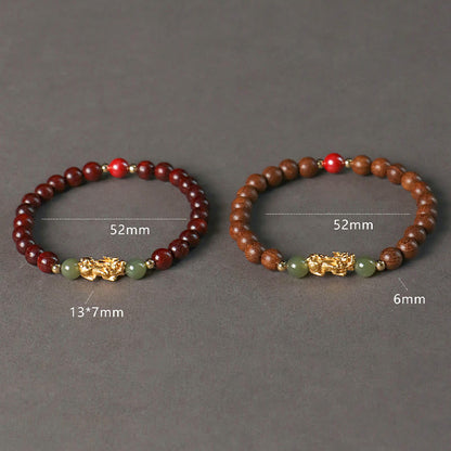 Mythstone 999 Sterling Silver Sandalwood Ebony Wood Small Leaf Red Sandalwood Hetian Jade Cinnabar PiXiu Wealth Bracelet