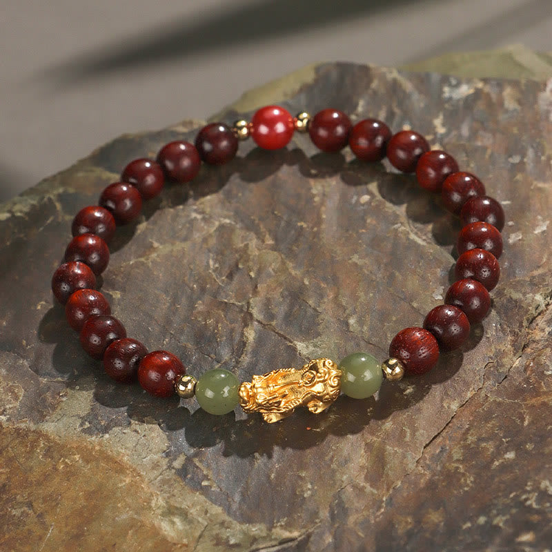 Mythstone 999 Sterling Silver Sandalwood Ebony Wood Small Leaf Red Sandalwood Hetian Jade Cinnabar PiXiu Wealth Bracelet