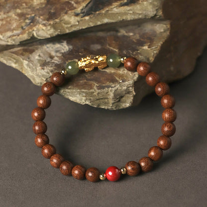 Mythstone 999 Sterling Silver Sandalwood Ebony Wood Small Leaf Red Sandalwood Hetian Jade Cinnabar PiXiu Wealth Bracelet