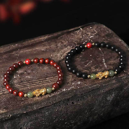 Mythstone 999 Sterling Silver Sandalwood Ebony Wood Small Leaf Red Sandalwood Hetian Jade Cinnabar PiXiu Wealth Bracelet