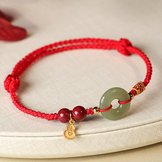 Mythstone Red String Black String Hetian Jade Peace Buckle Cinnabar 925 Silver Protection Bracelet