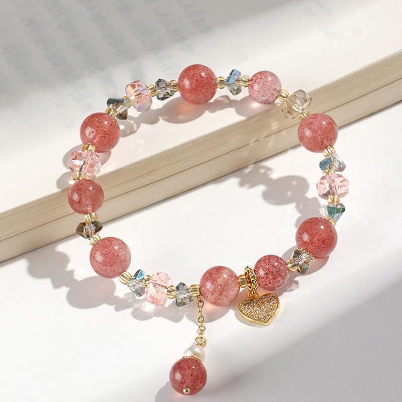 Mythstone Strawberry Quartz White Crystal Pearl Liuli Heart Healing Bracelet