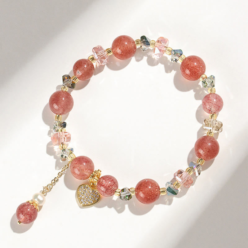 Mythstone Strawberry Quartz White Crystal Pearl Liuli Heart Healing Bracelet