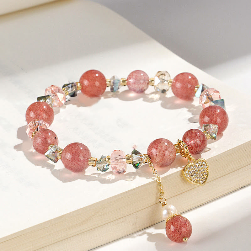 Mythstone Strawberry Quartz White Crystal Pearl Liuli Heart Healing Bracelet