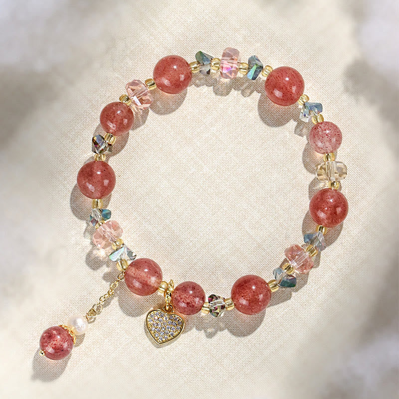 Mythstone Strawberry Quartz White Crystal Pearl Liuli Heart Healing Bracelet