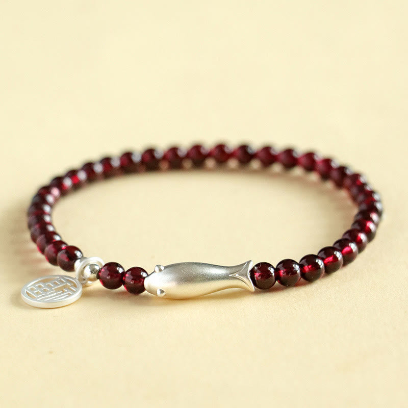 Mythstone Garnet 925 Sterling Silver Fish Fu Character Purification Bracelet