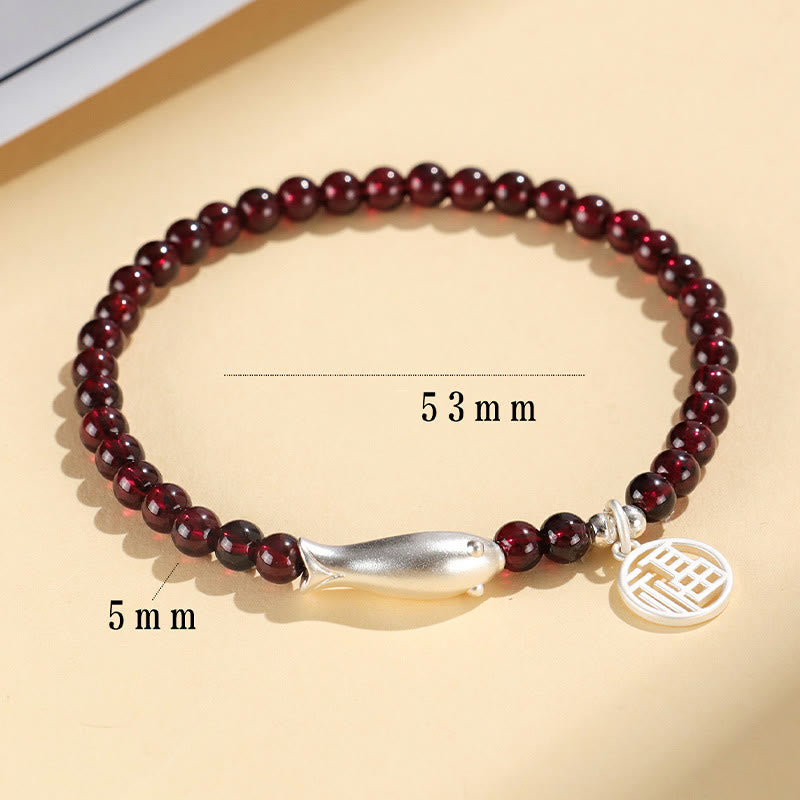 Mythstone Garnet 925 Sterling Silver Fish Fu Character Purification Bracelet