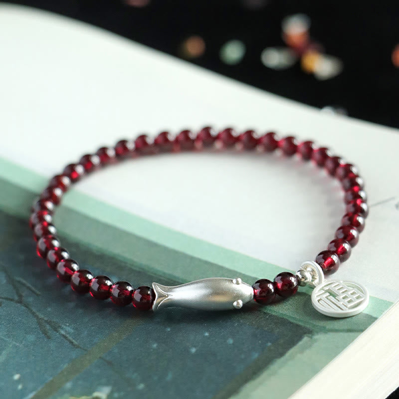 Mythstone Garnet 925 Sterling Silver Fish Fu Character Purification Bracelet