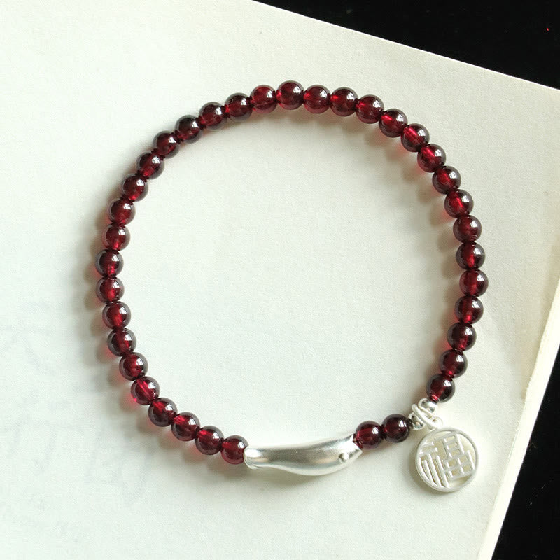 Mythstone Garnet 925 Sterling Silver Fish Fu Character Purification Bracelet