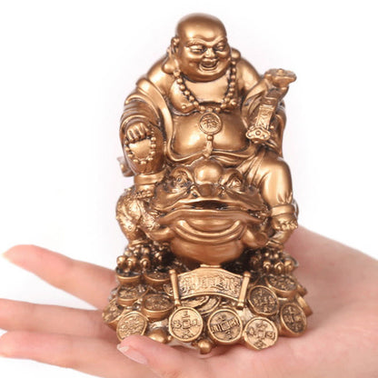 Mythstone Laughing Buddha Feng Shui Frog Toad Copper Coins Attract Wealth Resin Statue Home Decoration