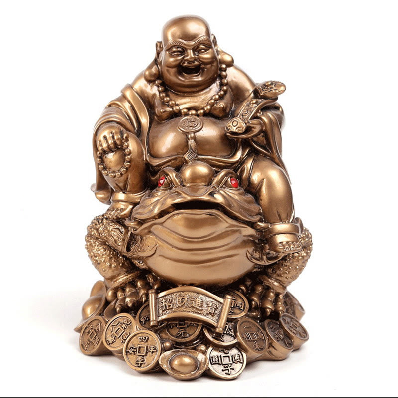 Mythstone Laughing Buddha Feng Shui Frog Toad Copper Coins Attract Wealth Resin Statue Home Decoration