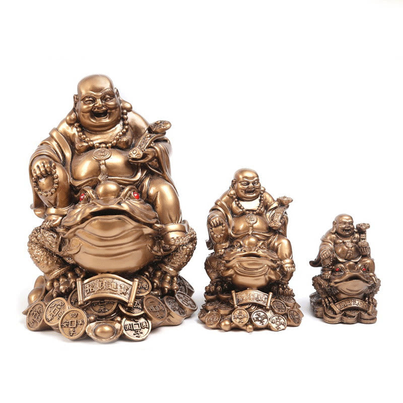 Mythstone Laughing Buddha Feng Shui Frog Toad Copper Coins Attract Wealth Resin Statue Home Decoration