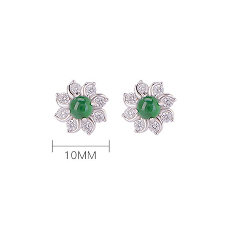 Mythstone 925 Sterling Silver Round Jade Flower Prosperity Earrings