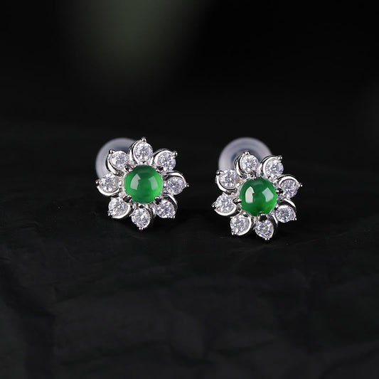 Mythstone 925 Sterling Silver Round Jade Flower Prosperity Earrings