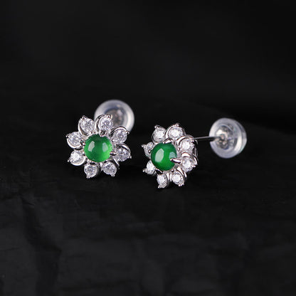 Mythstone 925 Sterling Silver Round Jade Flower Prosperity Earrings