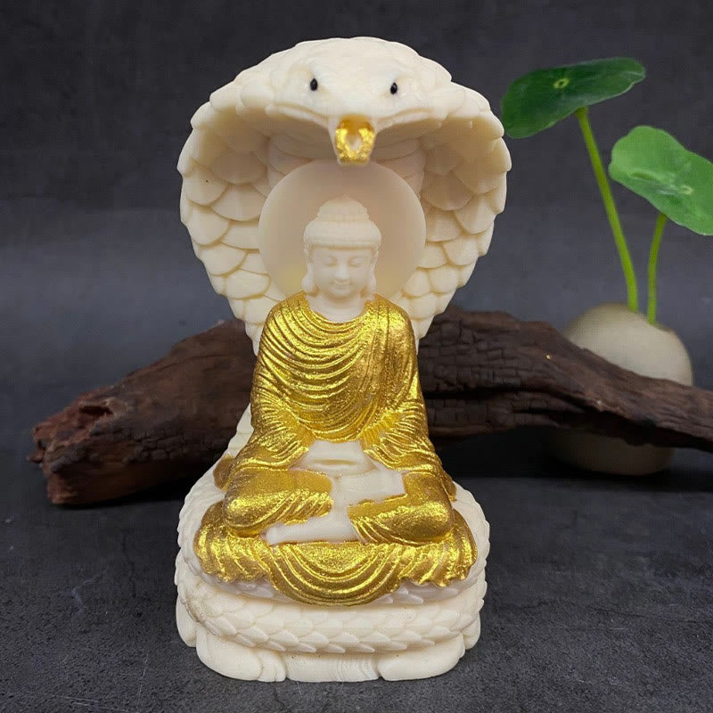 Estatua de meditación de marfil con forma de serpiente de loto y fruta de Tathagata Shakyamuni, piedra mítica, serenidad, decoración del hogar