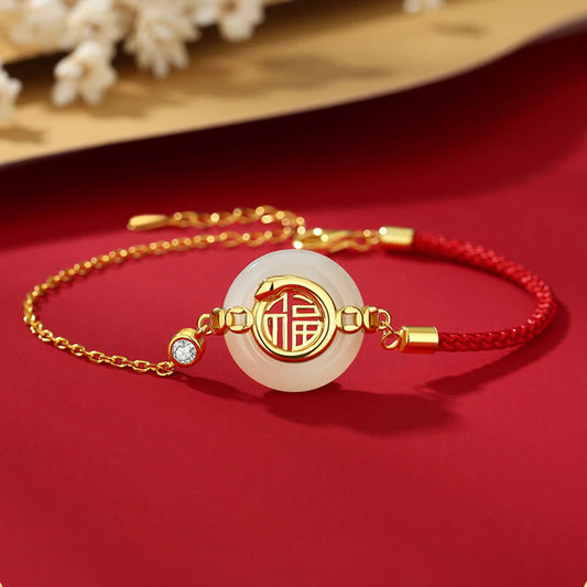 Mythstone 925 Sterling Silver Hetian Jade Peace Buckle Fu Character Year Of Snake Red String Protection Braided Bracelet