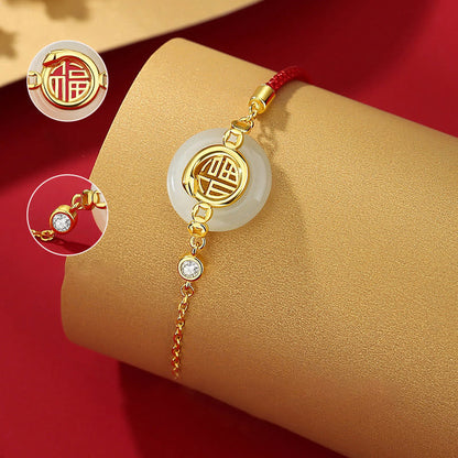 Mythstone 925 Sterling Silver Hetian Jade Peace Buckle Fu Character Year Of Snake Red String Protection Braided Bracelet