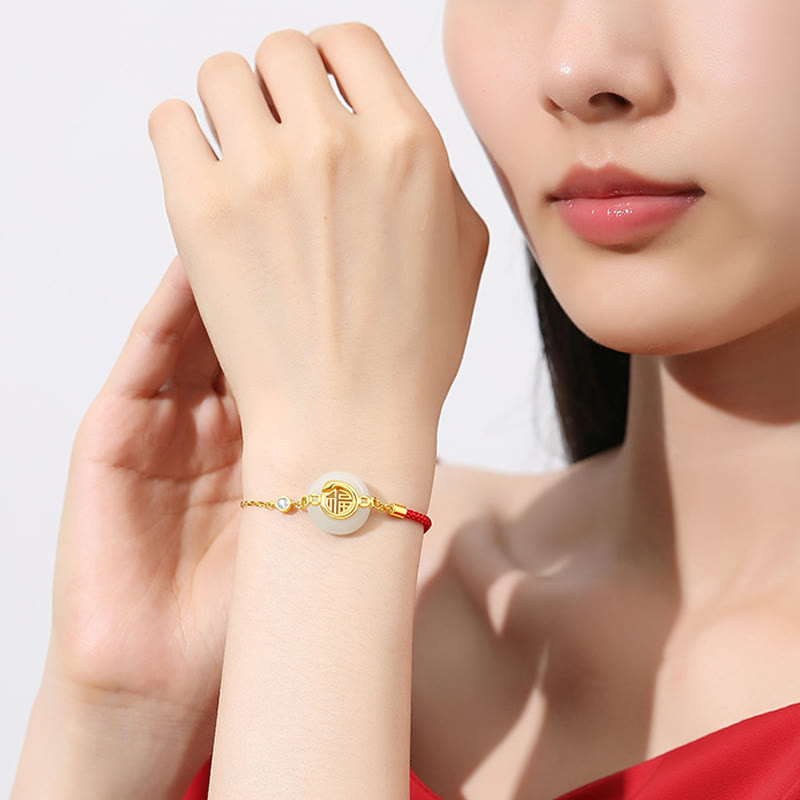 Mythstone 925 Sterling Silver Hetian Jade Peace Buckle Fu Character Year Of Snake Red String Protection Braided Bracelet