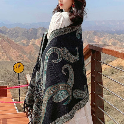 Mythstone Tibetan Cashew Flower Tassel Shawl Fall Winter Cozy Travel Scarf Wrap