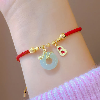 Mythstone Copper Plated Gold Jade Peace Buckle Fu Character Year Of The Snake Red String Luck Bracelet