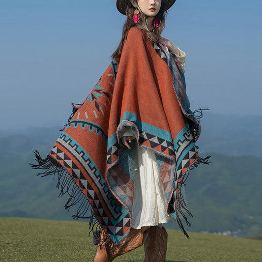 Mythstone Tibetan Orange Geometric Rhombus Pattern Tassels Shawl Fall Winter Warm Scarf Wrap