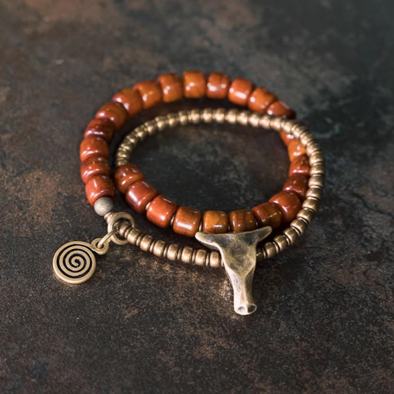 Mythstone Yak Bone Copper Yak Head Cone Pendant Double Wrap Strength Bracelet