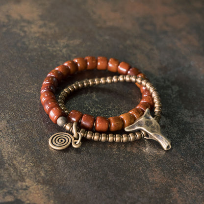 Mythstone Yak Bone Copper Yak Head Cone Pendant Double Wrap Strength Bracelet