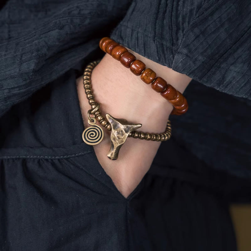 Mythstone Yak Bone Copper Yak Head Cone Pendant Double Wrap Strength Bracelet