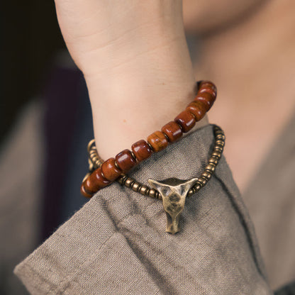 Mythstone Yak Bone Copper Yak Head Cone Pendant Double Wrap Strength Bracelet