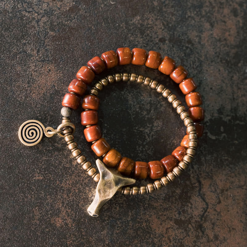 Mythstone Yak Bone Copper Yak Head Cone Pendant Double Wrap Strength Bracelet