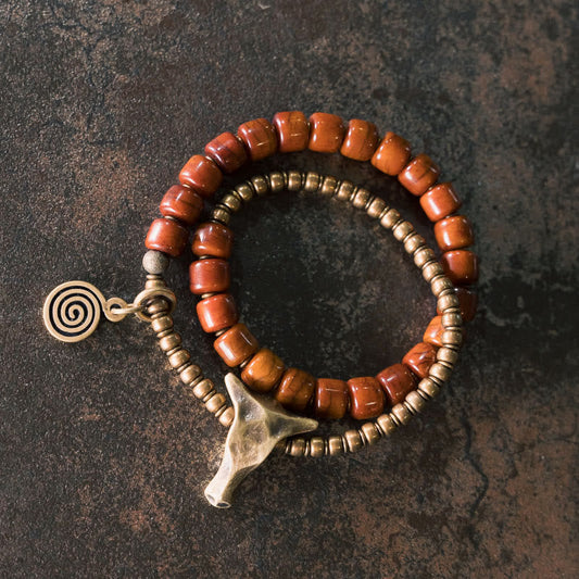 Mythstone Yak Bone Copper Yak Head Cone Pendant Double Wrap Strength Bracelet