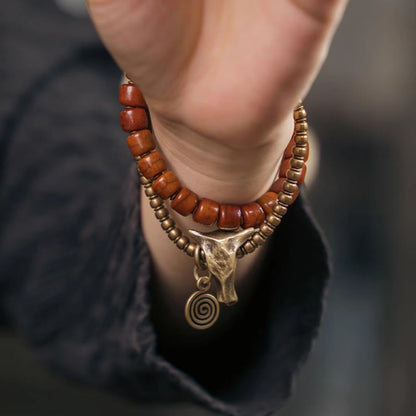 Mythstone Yak Bone Copper Yak Head Cone Pendant Double Wrap Strength Bracelet