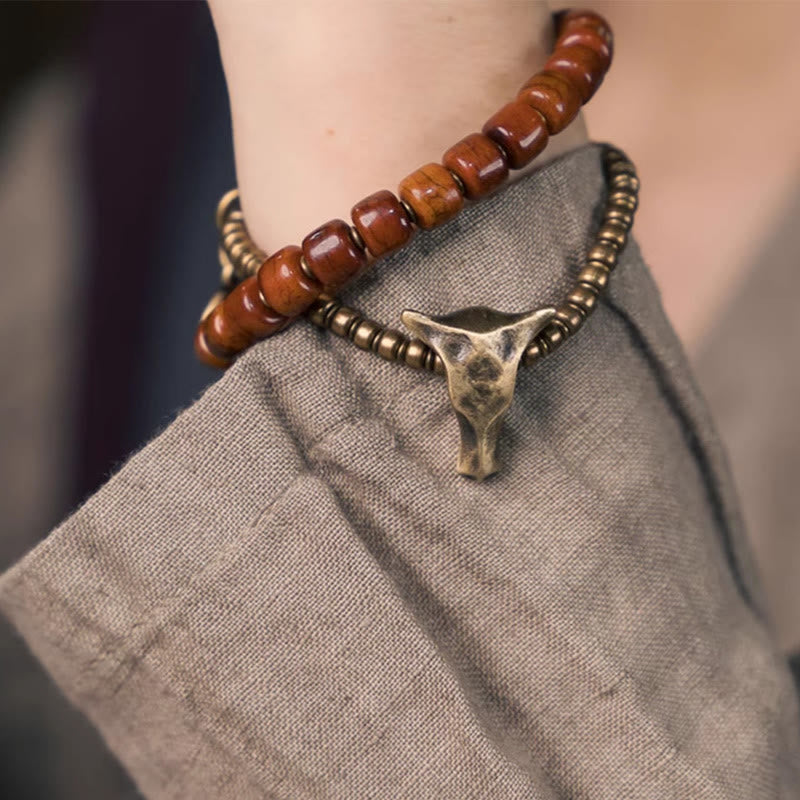 Mythstone Yak Bone Copper Yak Head Cone Pendant Double Wrap Strength Bracelet