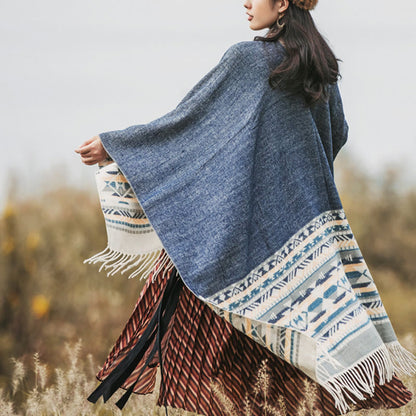 Chal de borlas con patrón geométrico de rombos tibetanos de Mythstone, cálido y acogedor para otoño e invierno